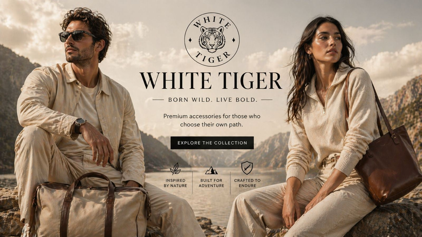 White Tiger hero banner — couple on rocks with leather goods